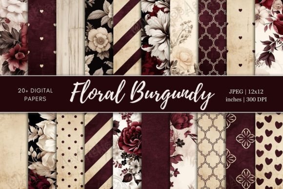 Download Floral Burgundy Digital Paper Bundle - Burgundy digital paper Collection